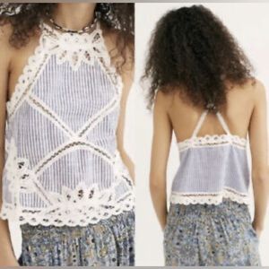 Free People White and Blue Striped lace top